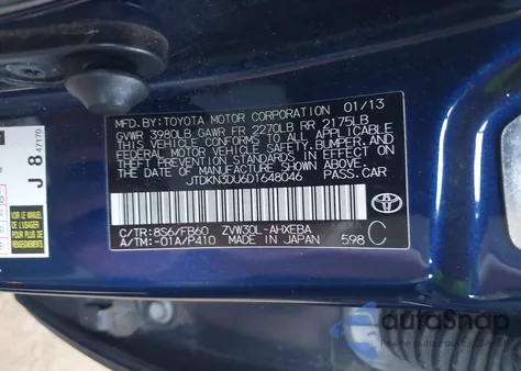 2013 Toyota Prius Two z USA, uszkodzony, nr VIN JTDKN3DU6D1648046